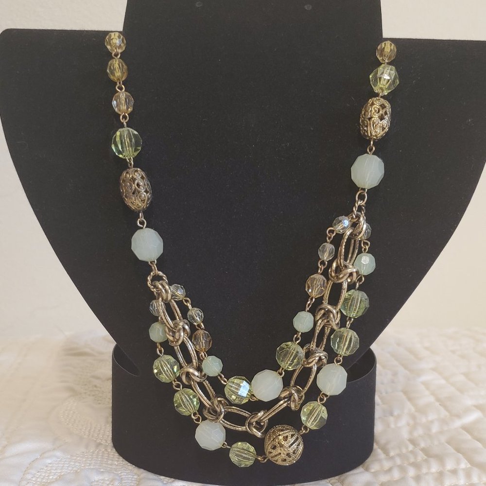 Green & Gold Toned Beaded Necklace 16-19"